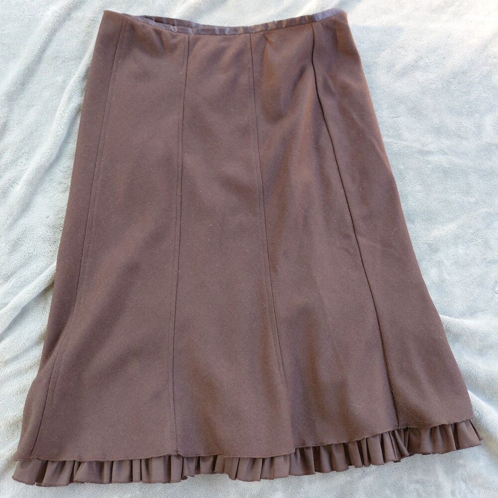 Vintage Field Manor Pencil Skirt Womens 8 Brown Wool Classic Ruffle Hem Preppy